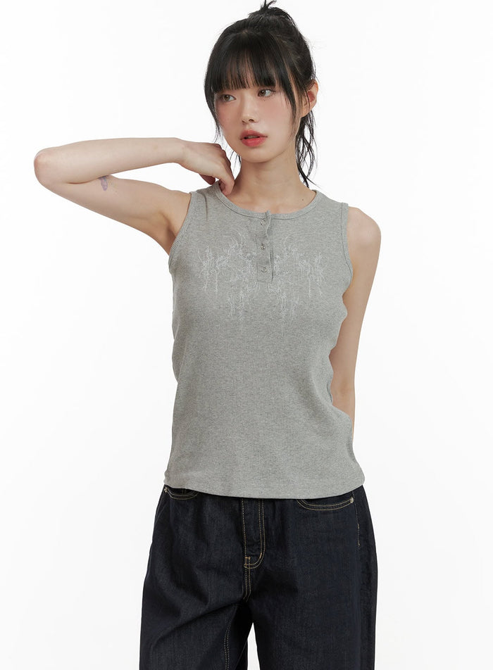 graphic-mid-buttoned-cotton-tank-top-cu410 / Gray