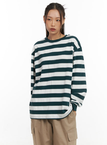 casual-round-neck-stripe-pullover-co424 / Green