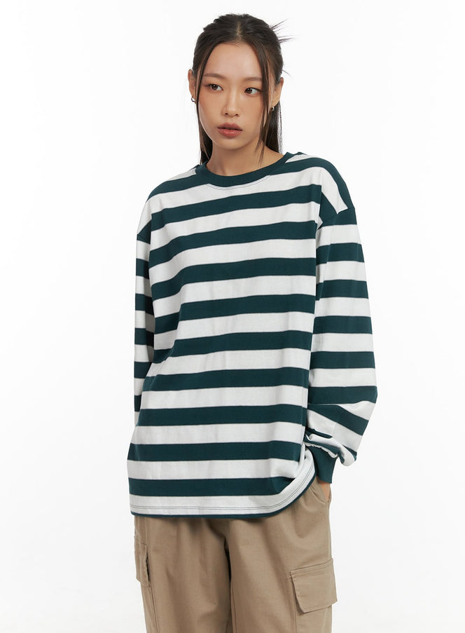 casual-round-neck-stripe-pullover-co424 / Green