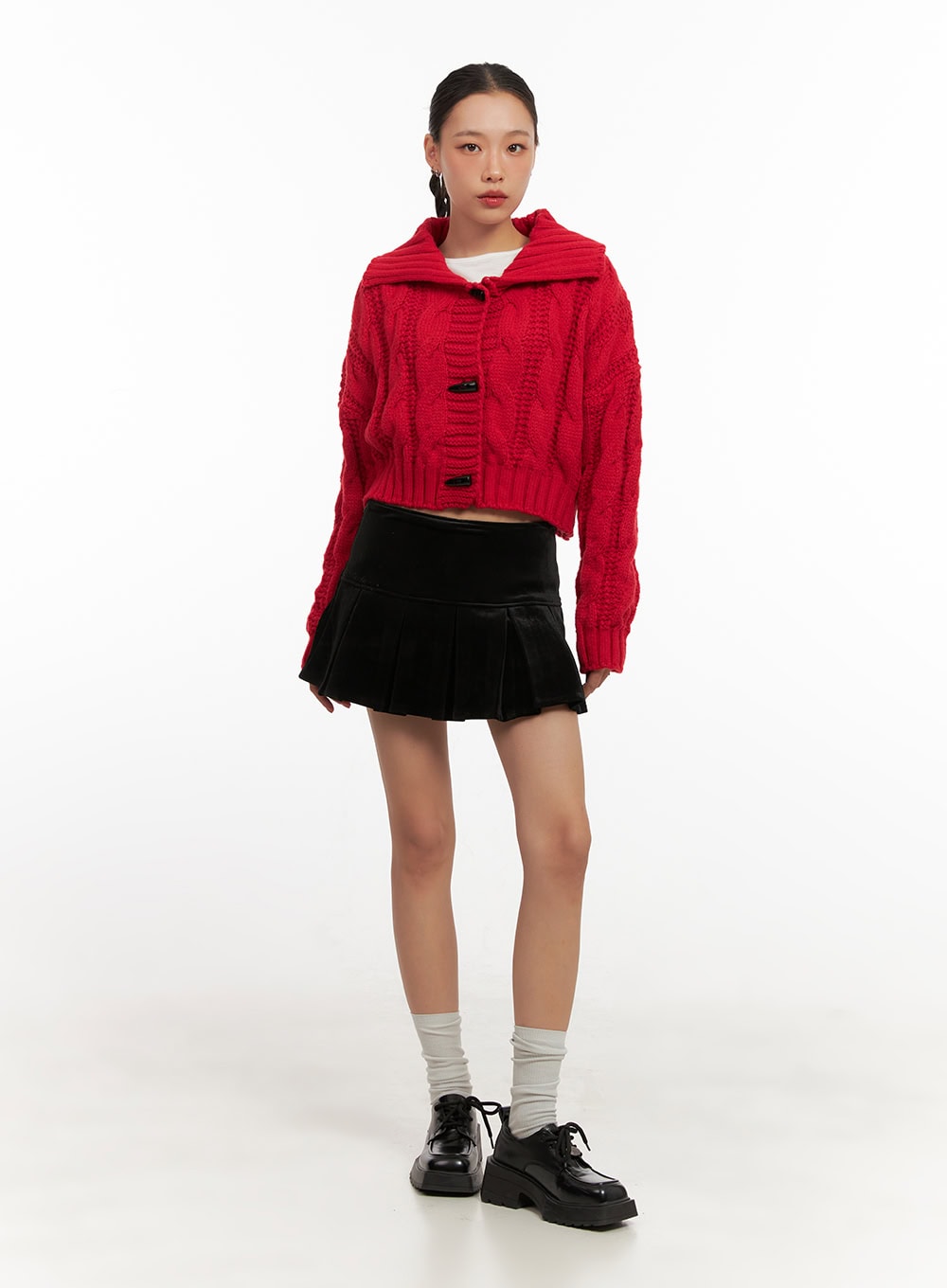 cable-knit-collar-crop-cardigan-cd410 / Red