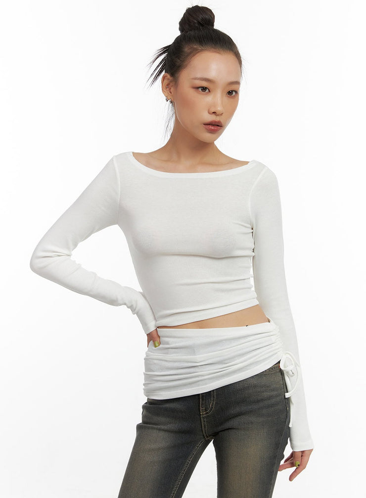 unbalanced-shirring-long-sleeve-top-co424 / White