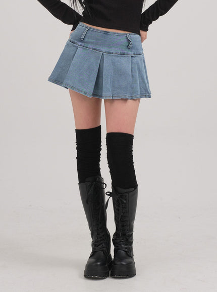 Low Rise Pleated Denim Mini Skirt C0302