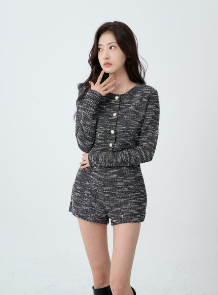 Tweed Pearl Button Jacket And Short Pants Set IO19