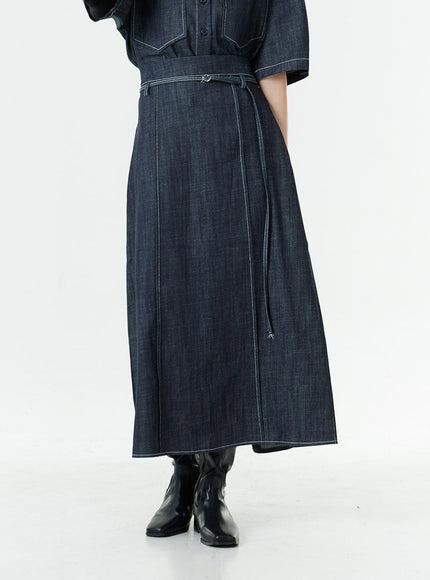 Stitch Denim Set-Up Long Skirt with Belt OG23