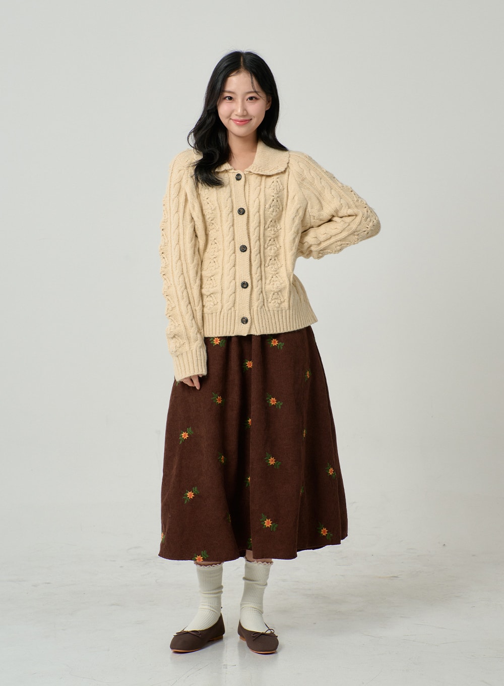 Corduroy Embroidery Flower Long Skirt BN04