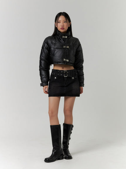 faux-leather-three-buckled-high-neck-puffer-jacket-cd315