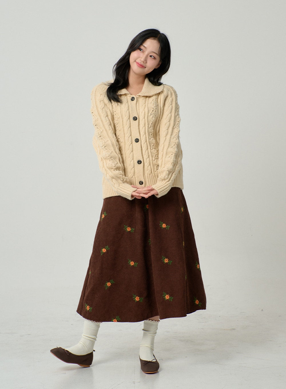 Corduroy Embroidery Flower Long Skirt BN04