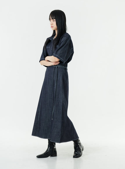 Stitch Denim Set-Up Long Skirt with Belt OG23