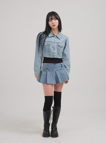 Low Rise Pleated Denim Mini Skirt C0302