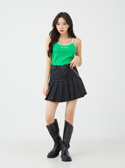 Half Pleated Denim Mini Skirt with Chain Belt BU2207