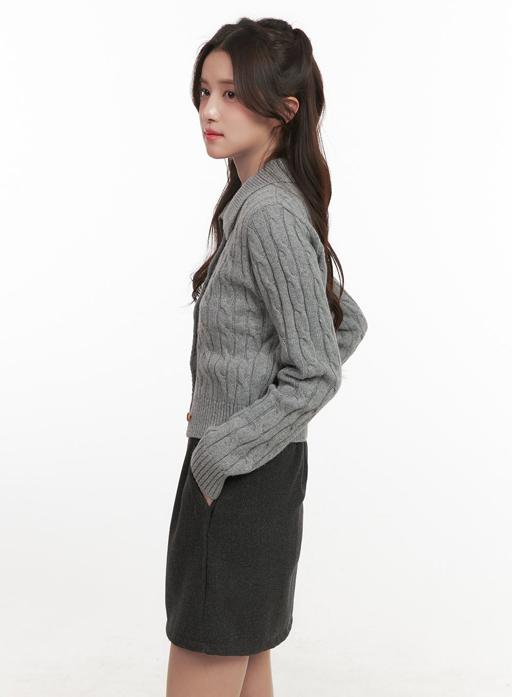 Cable-Knit Collared Buttoned Cardigan CJ514