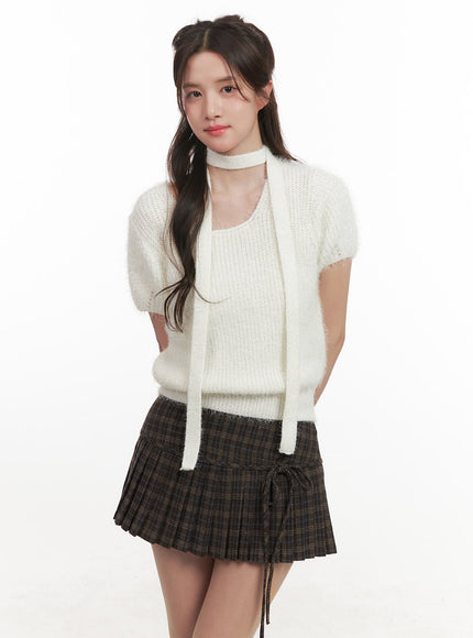 Cozy Knit Short-Sleeve Sweater with Scarf CJ514