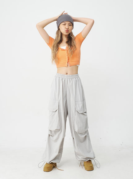 Drawstring Hem Long Wide Cargo Pants CJ21