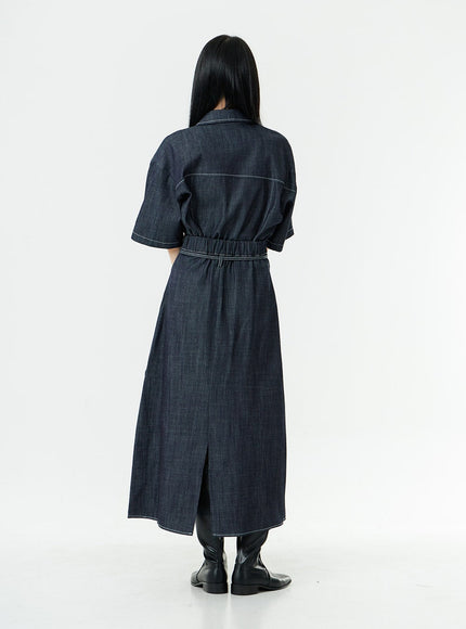 Stitch Denim Set-Up Long Skirt with Belt OG23