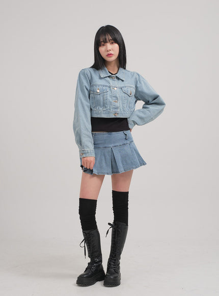 Low Rise Pleated Denim Mini Skirt C0302