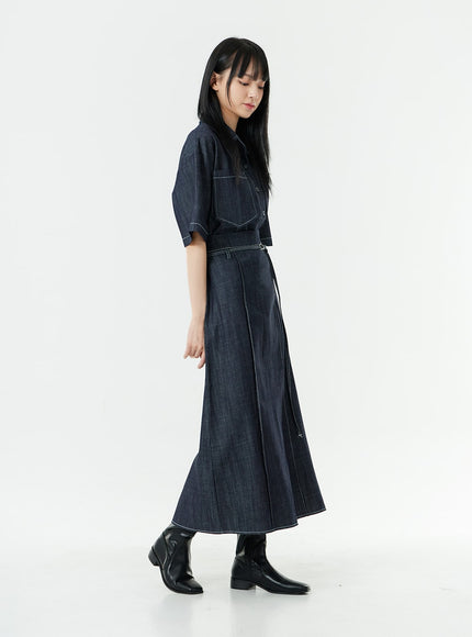 Stitch Denim Set-Up Long Skirt with Belt OG23