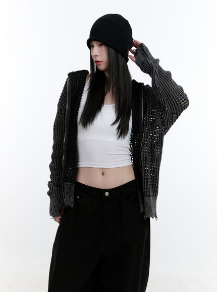 Damaged Mesh Zip-Up Hoodie CJ521