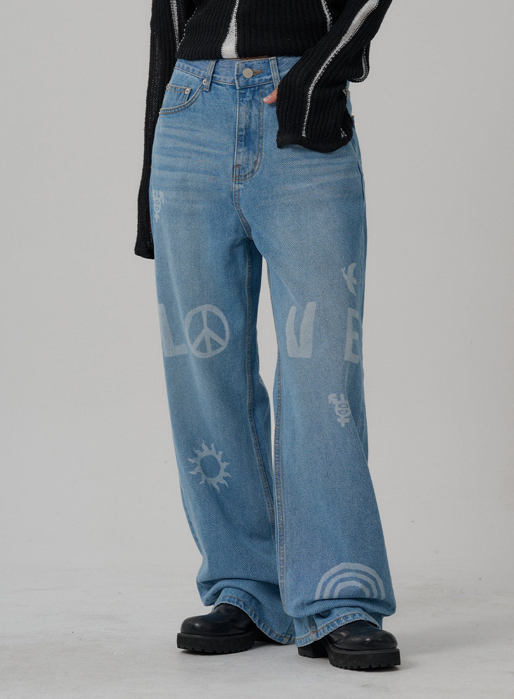 Printed Wide Denim Pants Unisex CN01