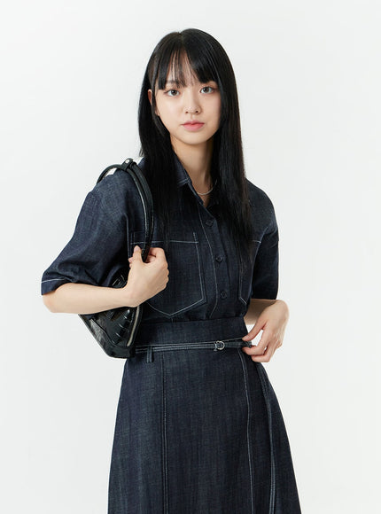 Stitch Denim Set-Up Long Skirt with Belt OG23