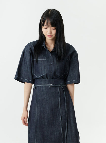 Stitch Denim Set-Up Long Skirt with Belt OG23