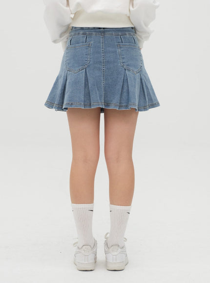 Denim Hem Pleated Mini Skirt