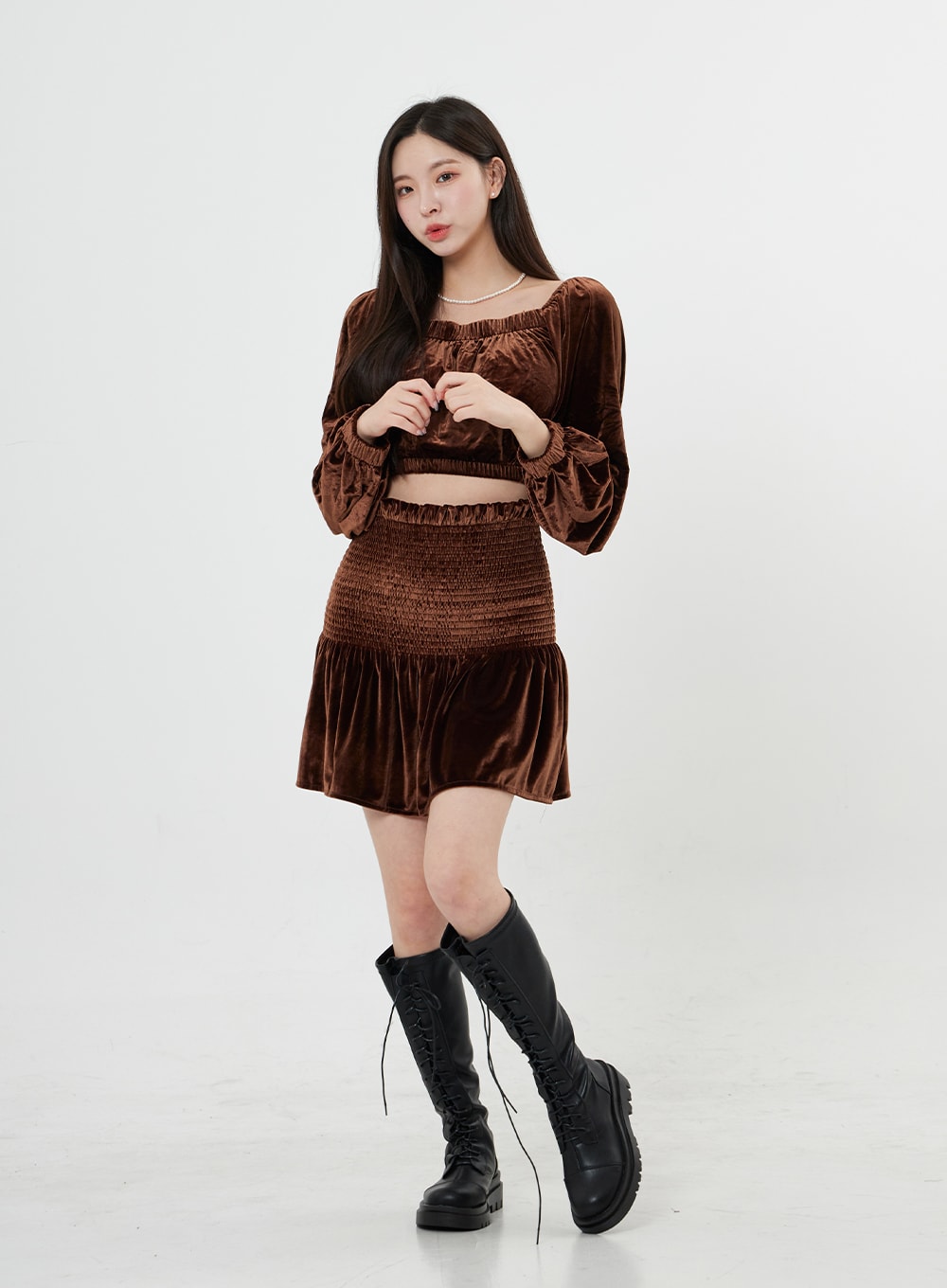 Velvet Elastic Puffy Sleeves Crop Top BO31