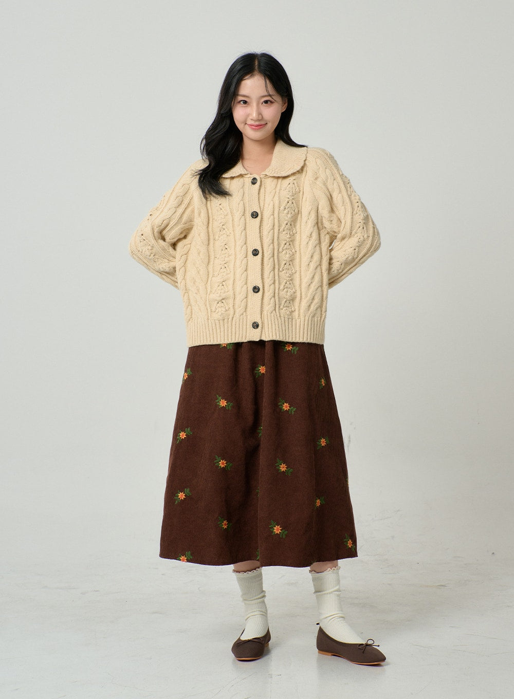 Corduroy Embroidery Flower Long Skirt BN04