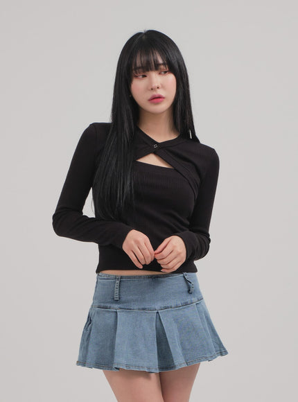 Low Rise Pleated Denim Mini Skirt C0302