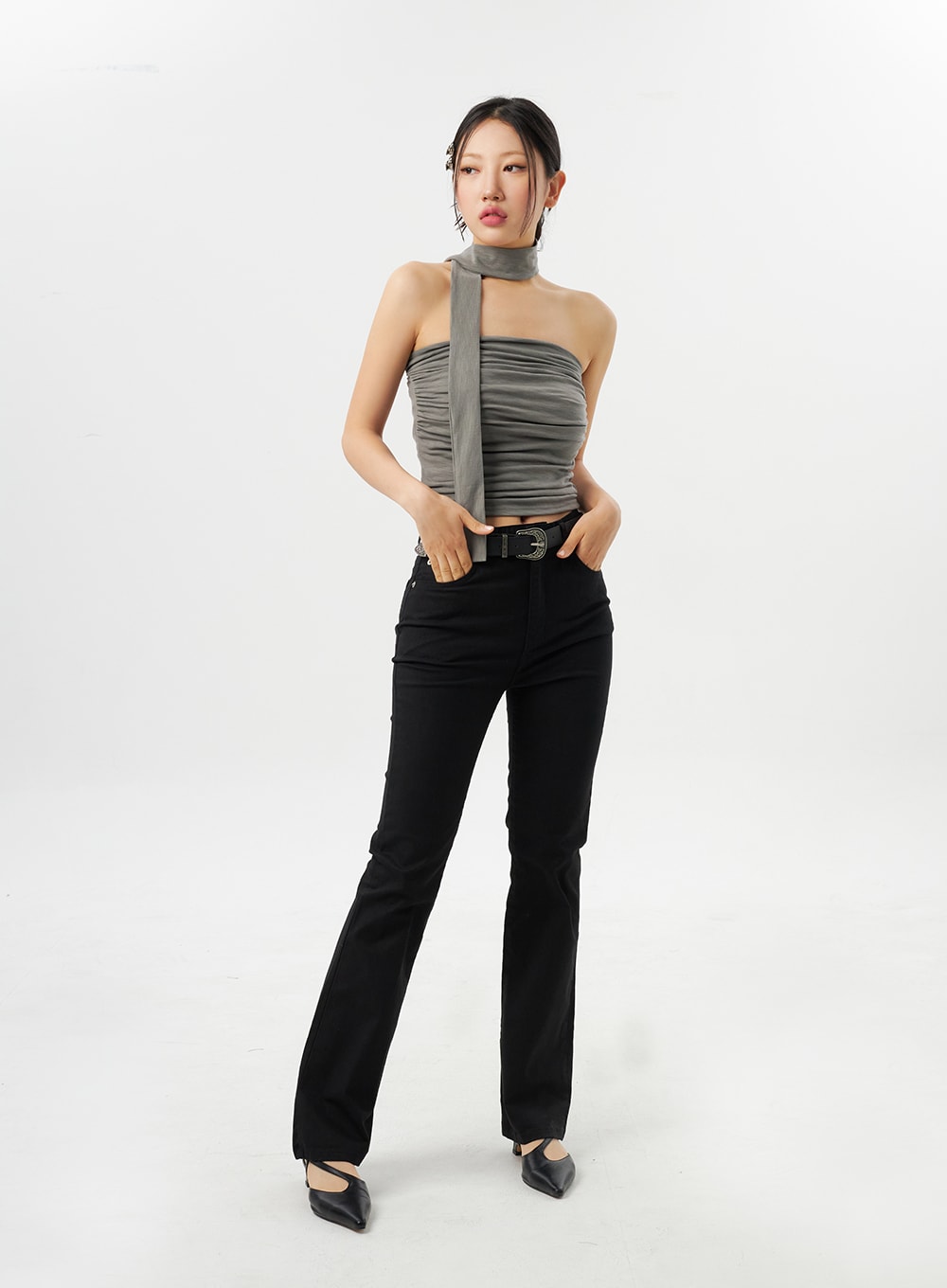 Ruched Tube Top With Scarf CY315