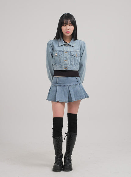 Low Rise Pleated Denim Mini Skirt C0302