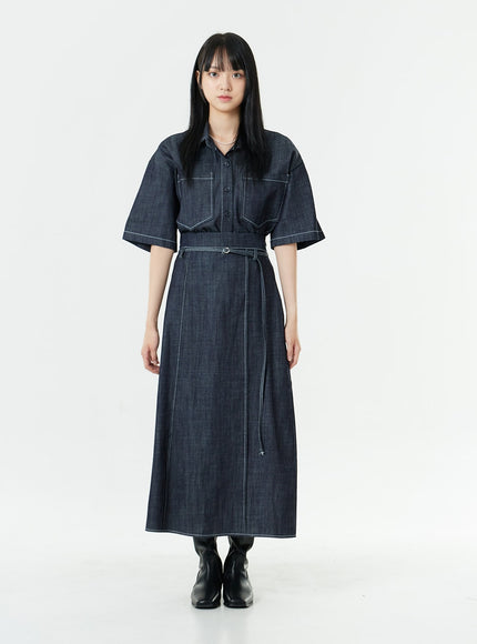 Stitch Denim Set-Up Long Skirt with Belt OG23