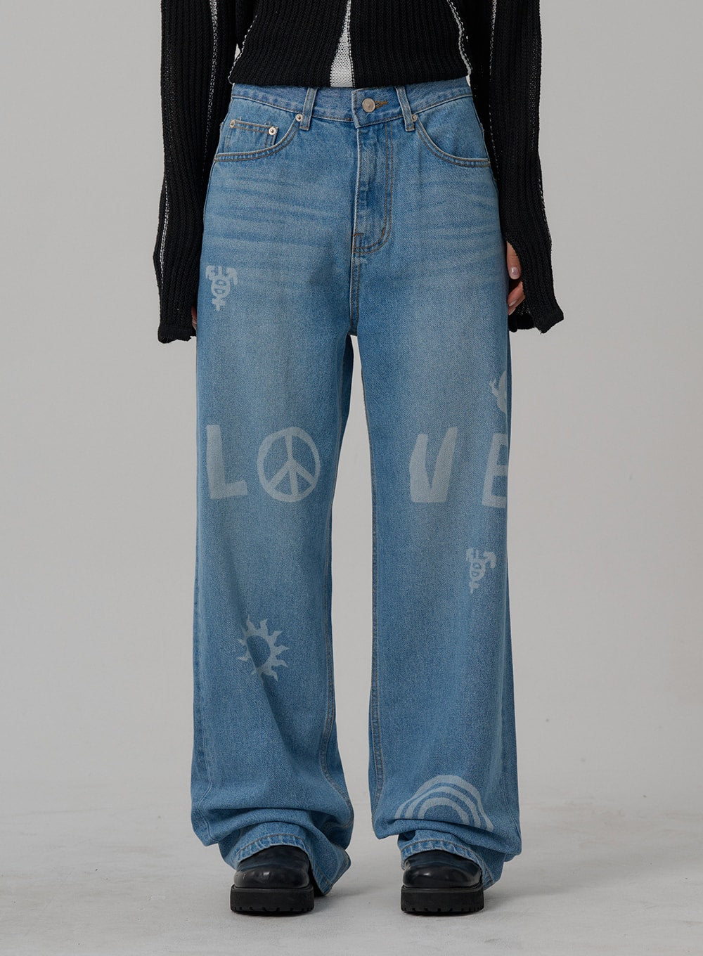 Printed Wide Denim Pants Unisex CN01