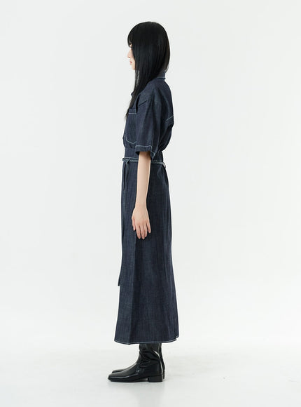 Stitch Denim Set-Up Long Skirt with Belt OG23