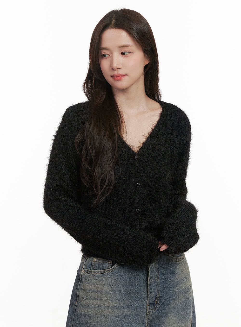 Fuzzy V-Neck Buttoned Crop Cardigan IJ510