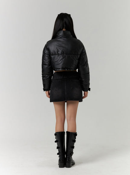 faux-leather-three-buckled-high-neck-puffer-jacket-cd315