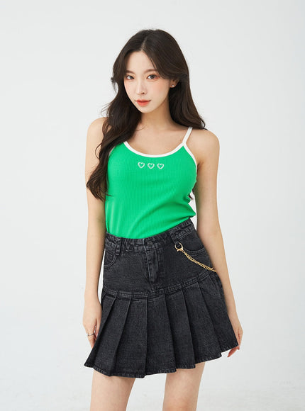 Half Pleated Denim Mini Skirt with Chain Belt BU2207