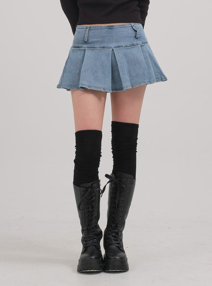 Low Rise Pleated Denim Mini Skirt C0302