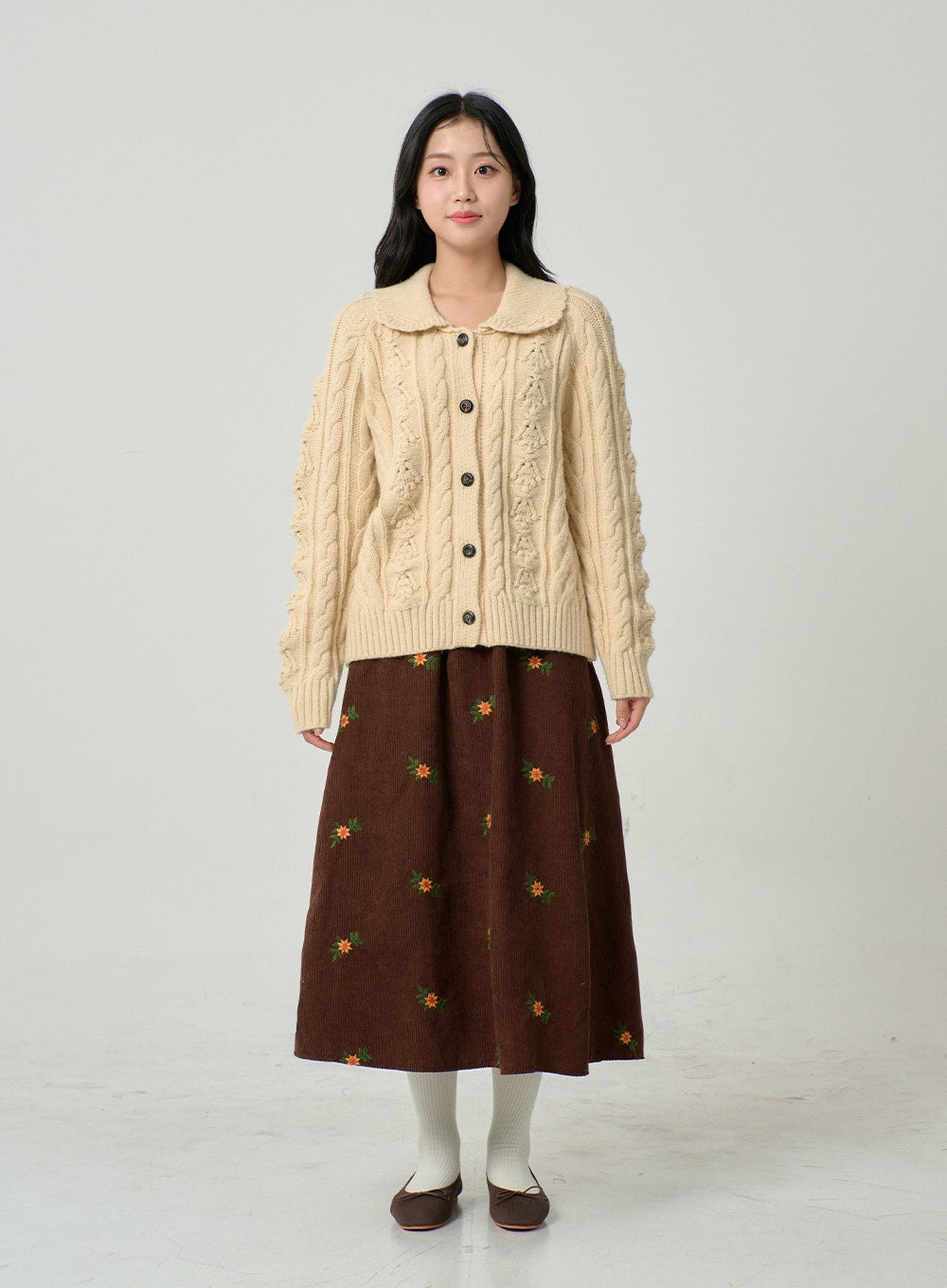 Corduroy Embroidery Flower Long Skirt BN04