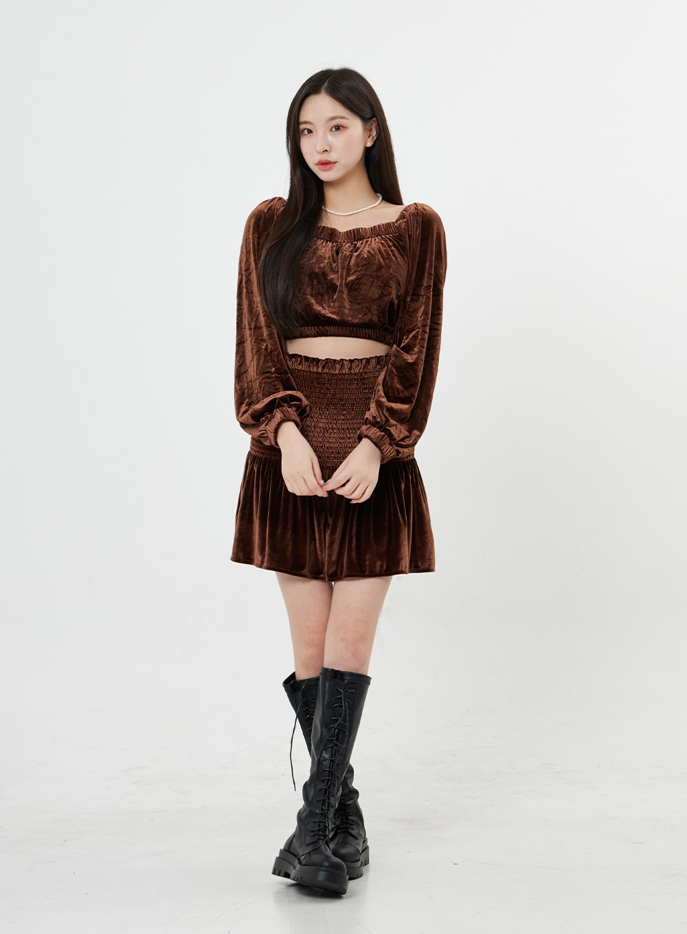 Velvet Elastic Puffy Sleeves Crop Top BO31