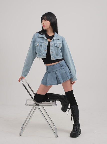 Low Rise Pleated Denim Mini Skirt C0302