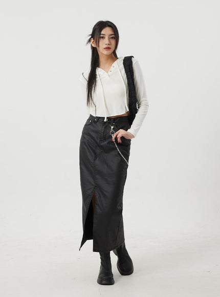 Faux Leather Front Slit Maxi Skirt BJ319