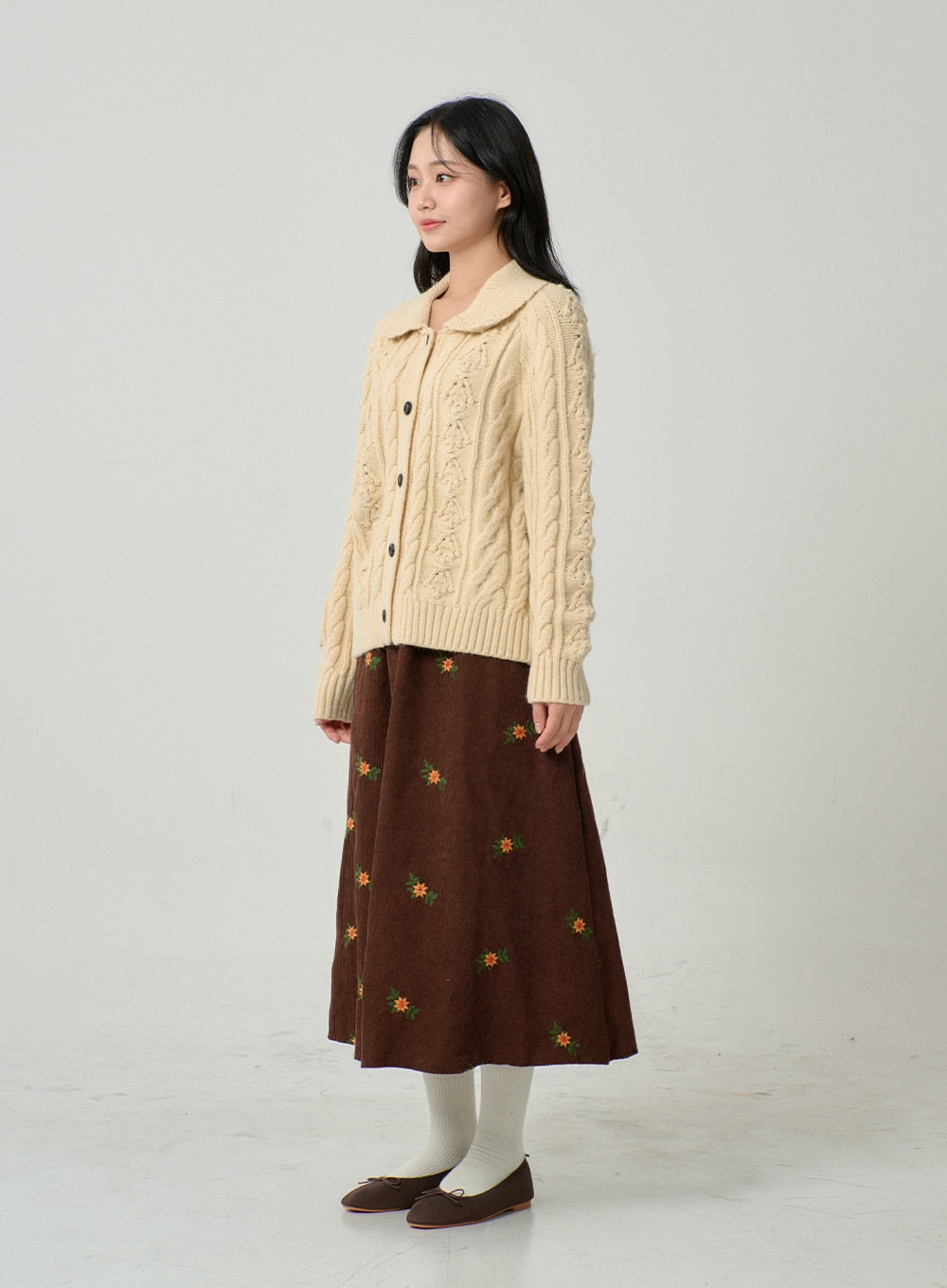 Corduroy Embroidery Flower Long Skirt BN04