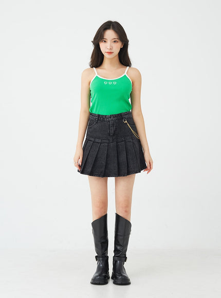 Half Pleated Denim Mini Skirt with Chain Belt BU2207