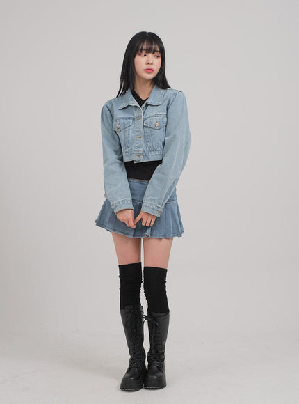 Low Rise Pleated Denim Mini Skirt C0302