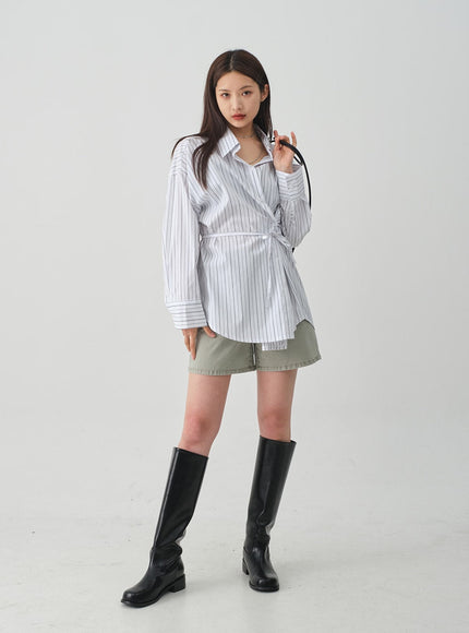 Oversized Striped Shirt with Waist Band Set CY27