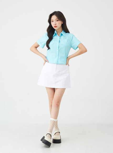 Button A-Line Cotton Mini Skirt BG08