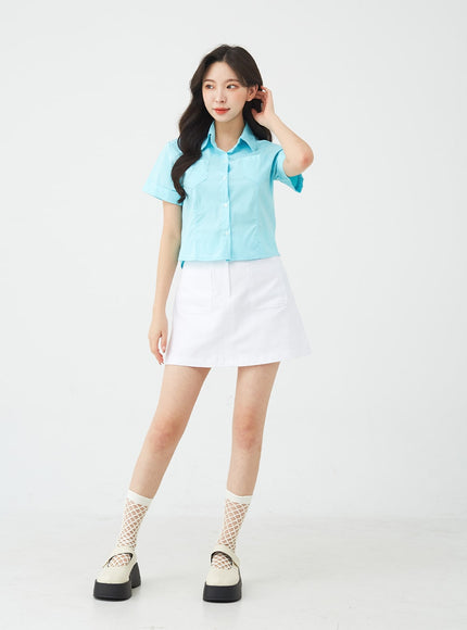 Button A-Line Cotton Mini Skirt BG08