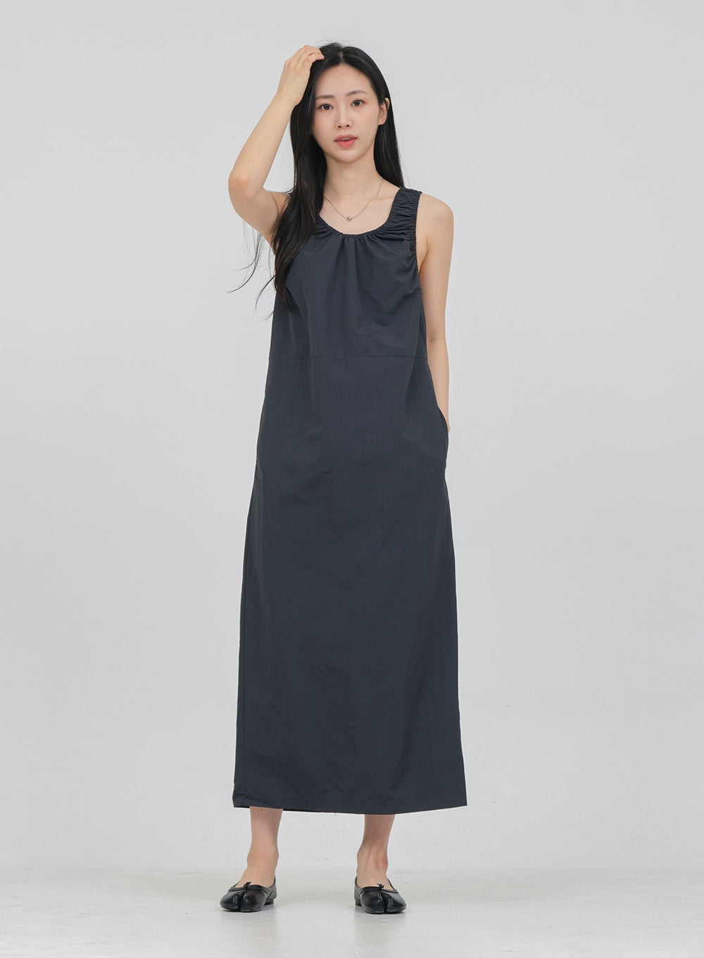 Round Neck Shirring Nylon Maxi Dress OA14