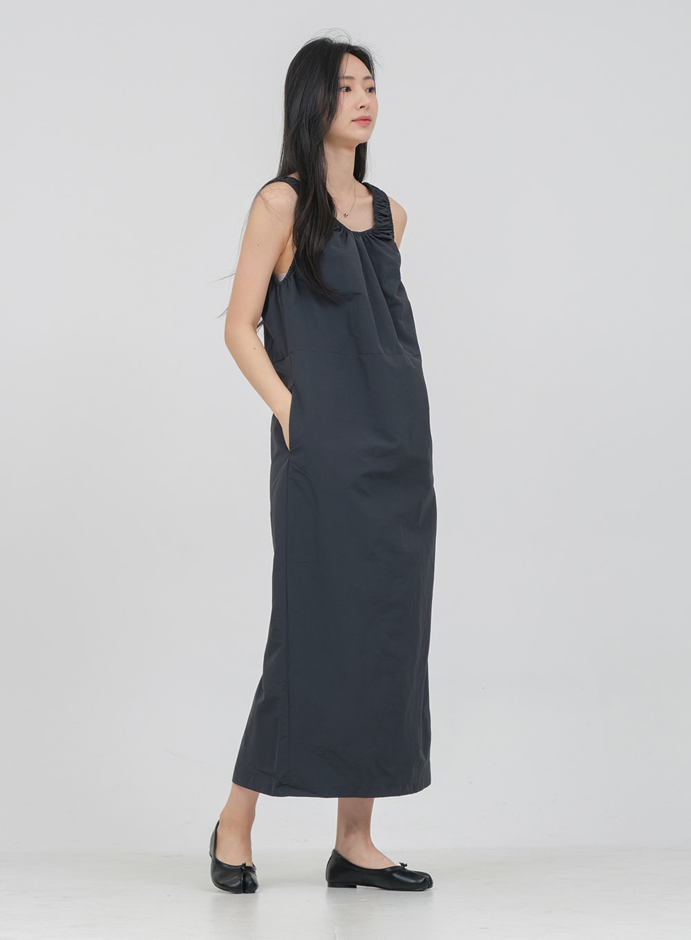 Round Neck Shirring Nylon Maxi Dress OA14