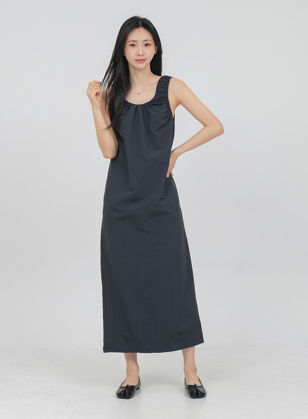 Round Neck Shirring Nylon Maxi Dress OA14